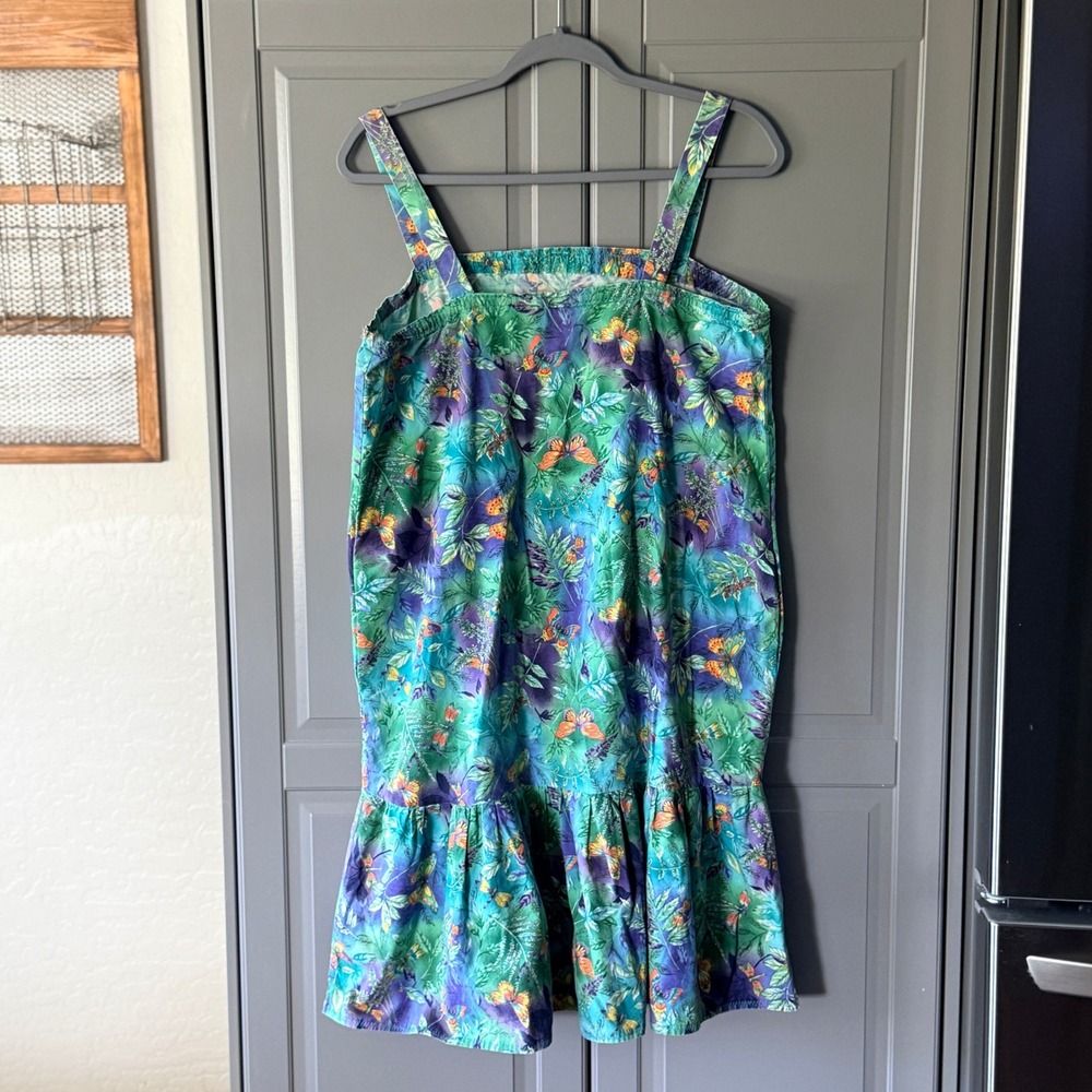 Vintage Whimsy Butterfly Dragonfly Print Drop Waist Sundress, Green Purple,S - Picture 5 of 10